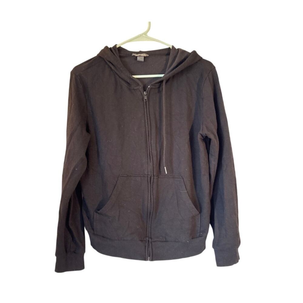 Eddie Bauer Black Full-Zip Hoodie Sweatshirt — Drawstring Hood, Kangaroo Pocket,